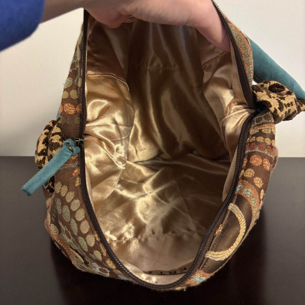 Atenti Brown and Teal Circle Patterned Embroidered Fabric Hobo Shoulder Bag - Picture 8 of 10